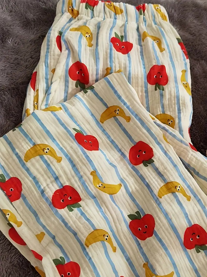 Women'S Sleeping Pants, Waistwide-leg Pants, Pajamas With Stripes And Elastic, Fashion Cute Tomato And Banana Print, Sweet And Comfortable Fabric