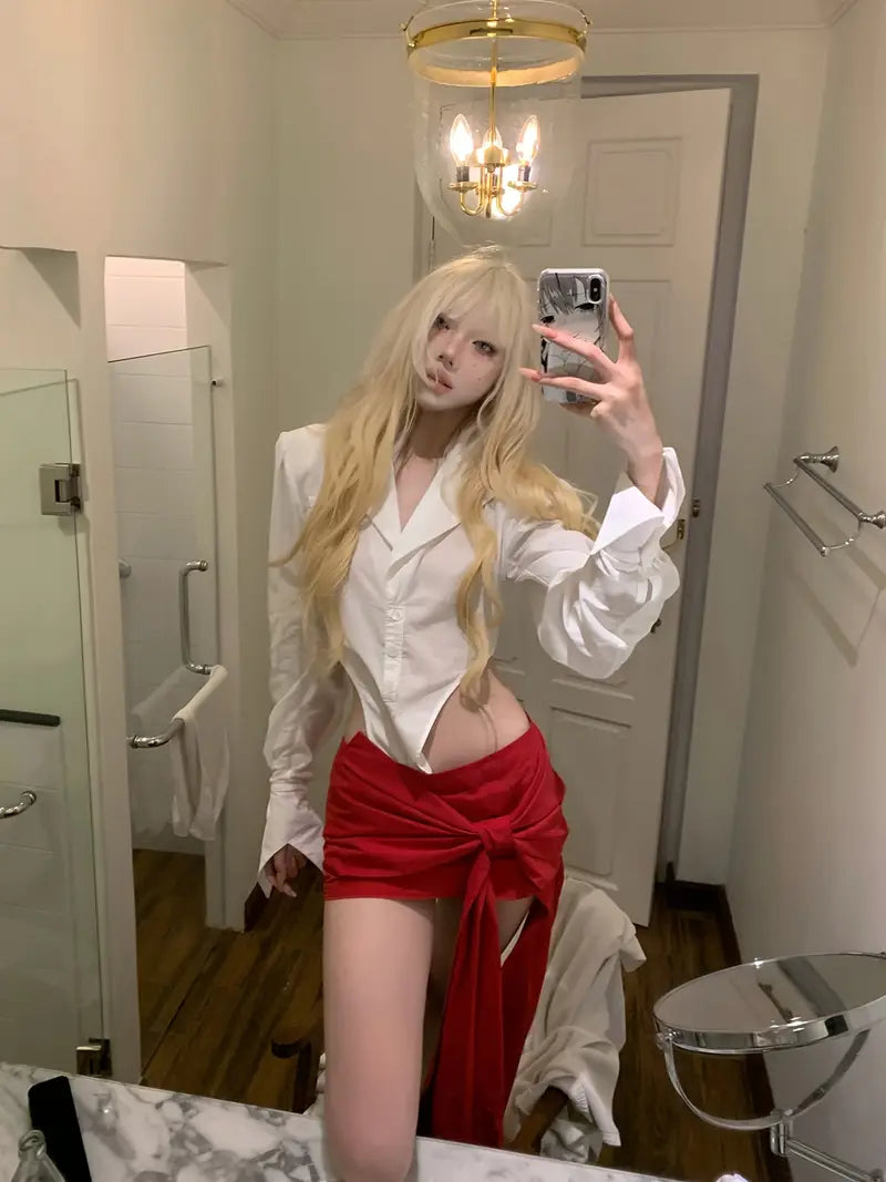 Women'S Sexy Low-Rise A-Line Skirt with Asymmetrical Hem & Red Bow Detail - High-Waisted Short Skirt for Spring/Summer/Fall, Solid Color Fashion, Cute Skirts, Spring Summer Fashion, Feminine Style, Elegant Design