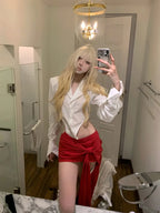 Women'S Sexy Low-Rise A-Line Skirt with Asymmetrical Hem & Red Bow Detail - High-Waisted Short Skirt for Spring/Summer/Fall, Solid Color Fashion, Cute Skirts, Spring Summer Fashion, Feminine Style, Elegant Design