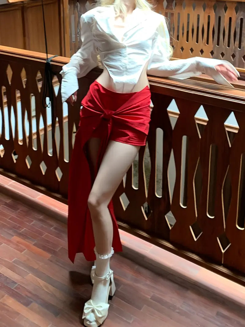 Women'S Sexy Low-Rise A-Line Skirt with Asymmetrical Hem & Red Bow Detail - High-Waisted Short Skirt for Spring/Summer/Fall, Solid Color Fashion, Cute Skirts, Spring Summer Fashion, Feminine Style, Elegant Design