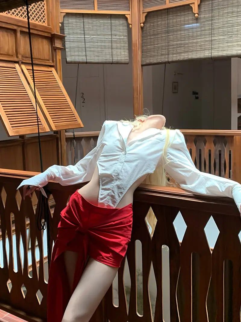 Women'S Sexy Low-Rise A-Line Skirt with Asymmetrical Hem & Red Bow Detail - High-Waisted Short Skirt for Spring/Summer/Fall, Solid Color Fashion, Cute Skirts, Spring Summer Fashion, Feminine Style, Elegant Design