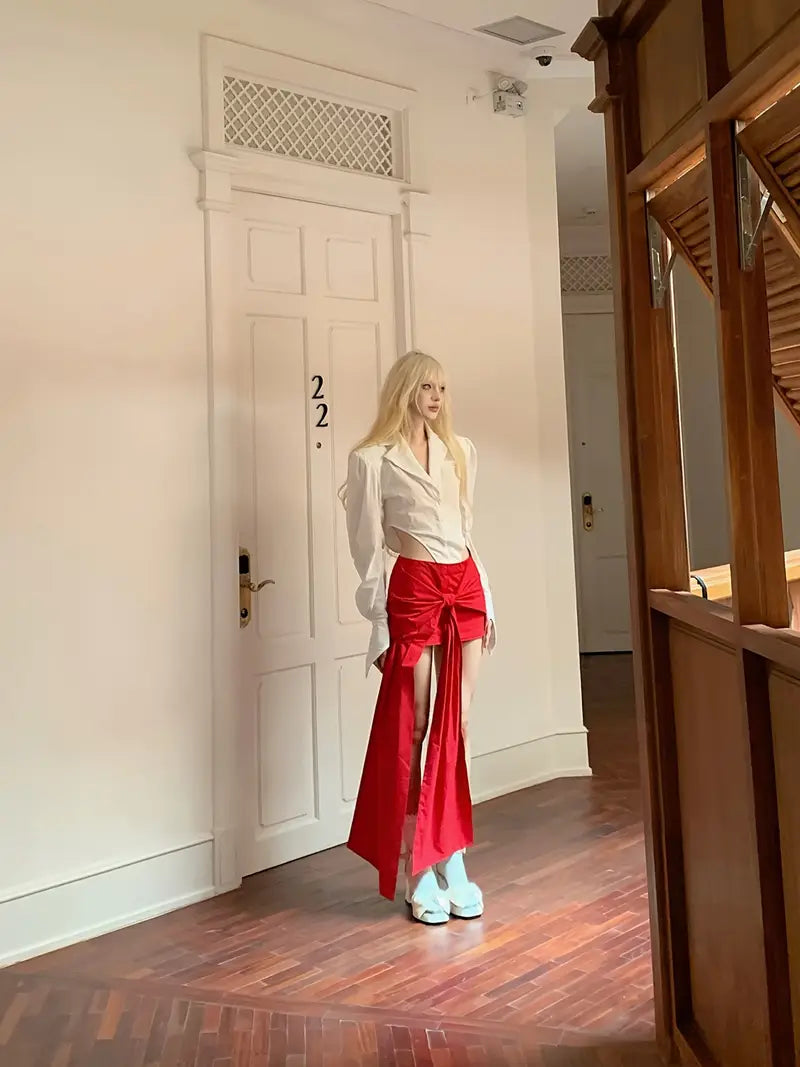 Women'S Sexy Low-Rise A-Line Skirt with Asymmetrical Hem & Red Bow Detail - High-Waisted Short Skirt for Spring/Summer/Fall, Solid Color Fashion, Cute Skirts, Spring Summer Fashion, Feminine Style, Elegant Design