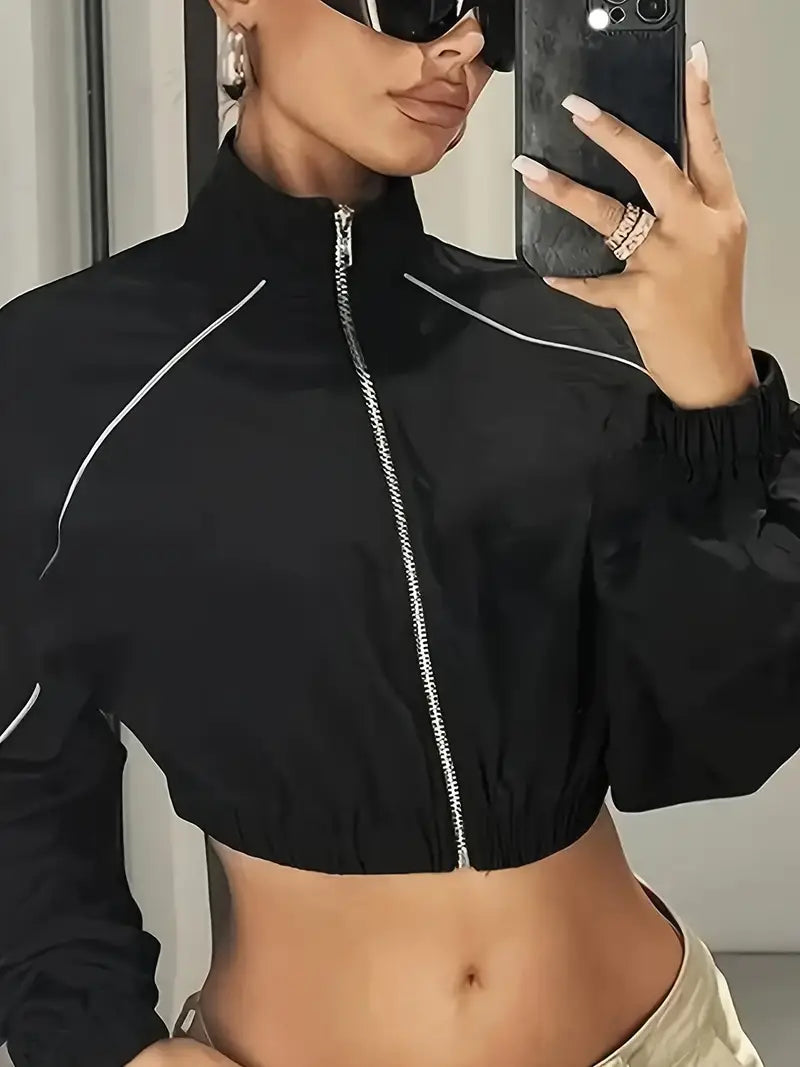 Women's Slim-Fit Two-Way Wear Baseball Jacket with Stand-Up Collar & Zippered Waist - Casual Short-Length Windbreaker Coat for Spring/Autumn, Machine Washable Solid Color Outerwear