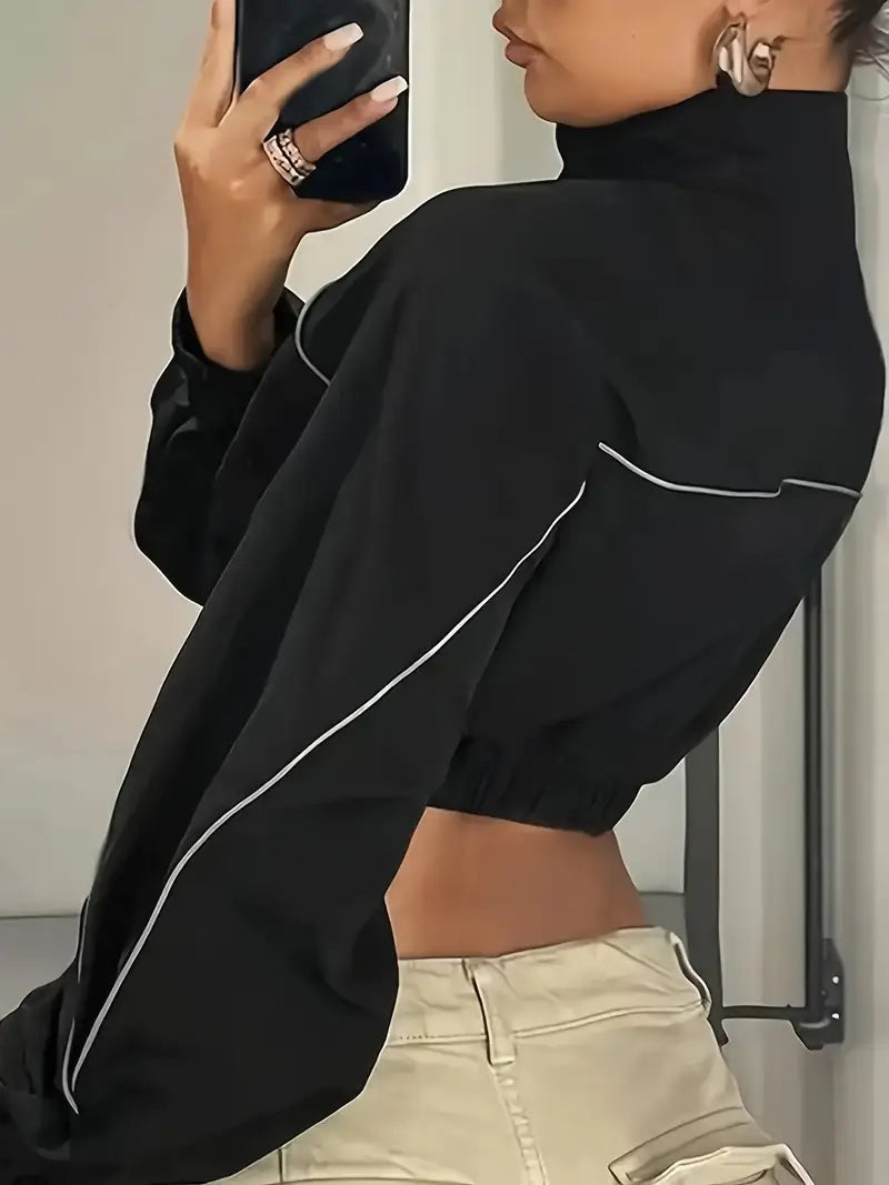 Women's Slim-Fit Two-Way Wear Baseball Jacket with Stand-Up Collar & Zippered Waist - Casual Short-Length Windbreaker Coat for Spring/Autumn, Machine Washable Solid Color Outerwear