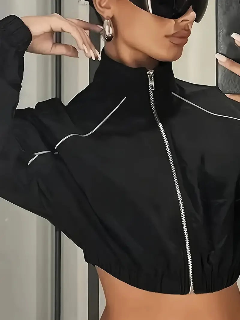 Women's Slim-Fit Two-Way Wear Baseball Jacket with Stand-Up Collar & Zippered Waist - Casual Short-Length Windbreaker Coat for Spring/Autumn, Machine Washable Solid Color Outerwear